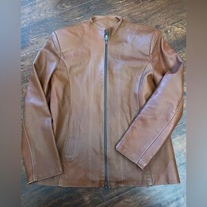 Women's Genuine Lambskin Leather Bomber Biker Motorcycle Jacket Tan Brown